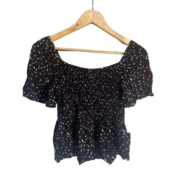 Kirious Los Angeles Black‎ White Smocked Fit Flare Flounce Sleeve Top Sz S - Picture 1 of 9